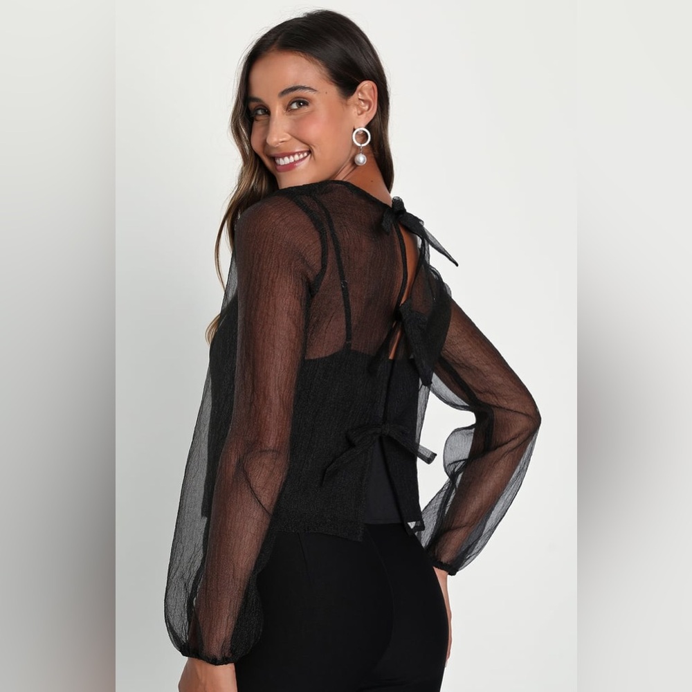 Street Style Chic Black Chiffon Sheer Tie-Back Long Sleeve Top - NWT - Lulu's‎